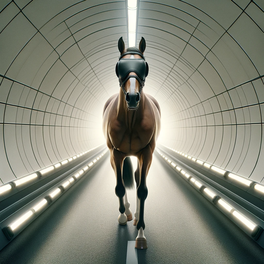 image d'un cheval avec des oeillères dans un tunnel