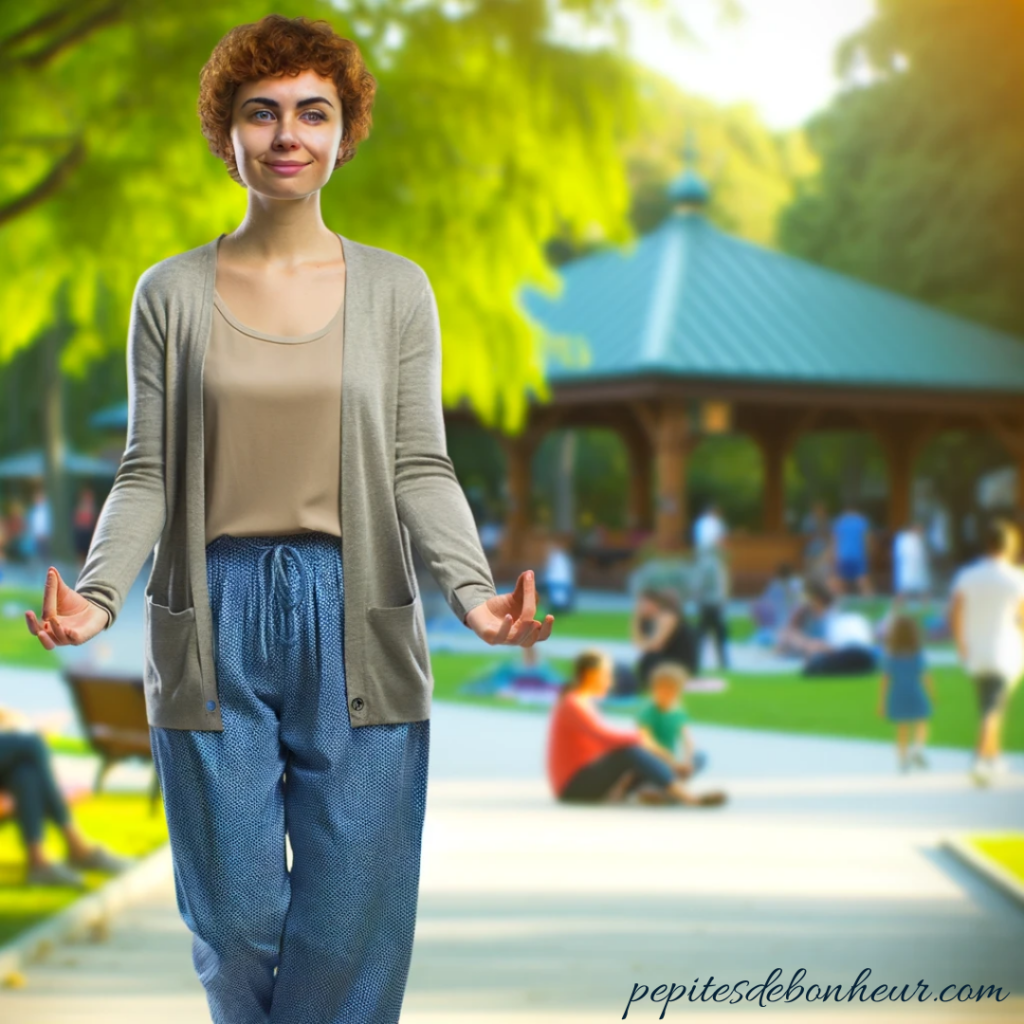 femme heureuse dans un parc qui reste zen et gère ses émotions 