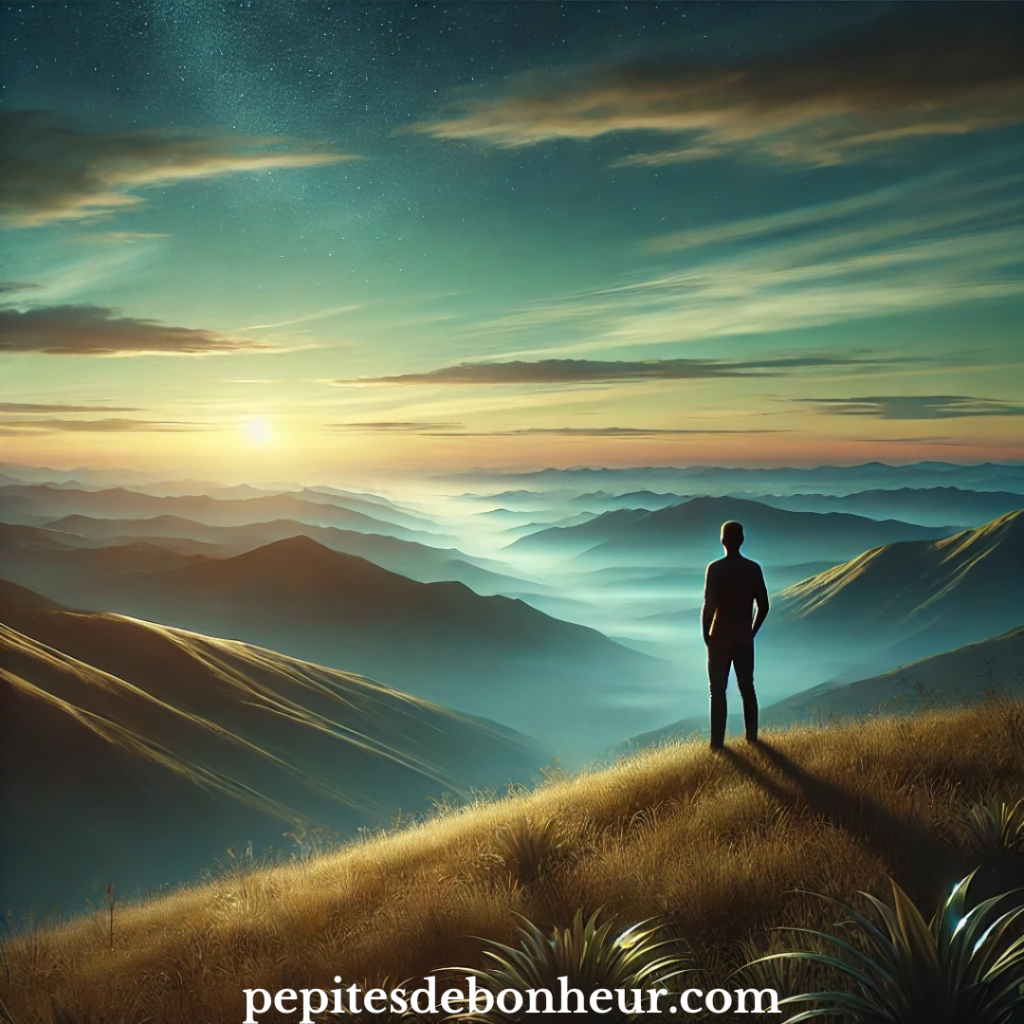 personne face à un paysage pendant le coucher de soleil pour illustrer la mission de vie