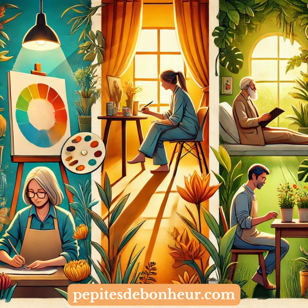 illustrations de métiers d'écoute et d'accompagnement, créatifs, en lien avec la nature,...