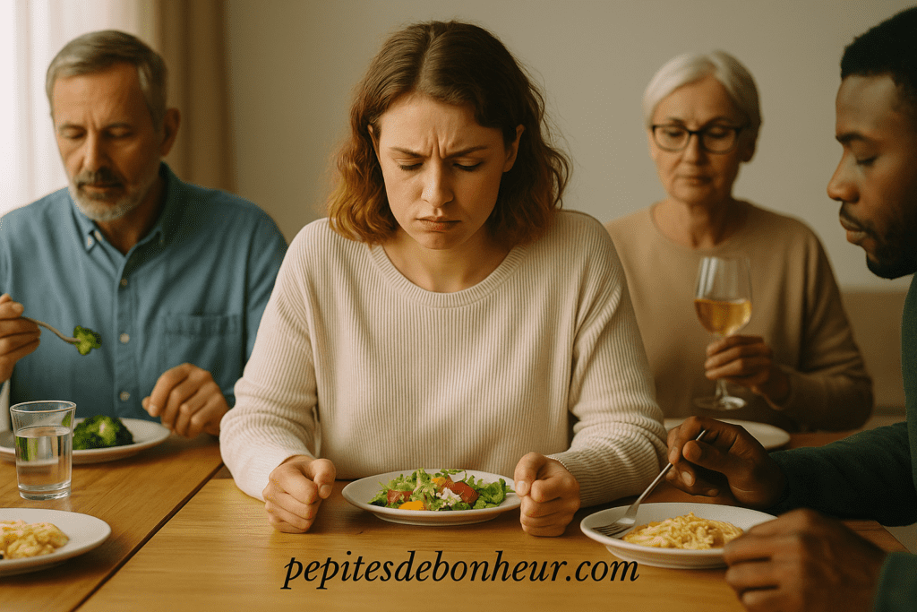 Une femme hypersensible montre des signes de misophonie pendant un repas à cause des sons trigger comme la mastication.