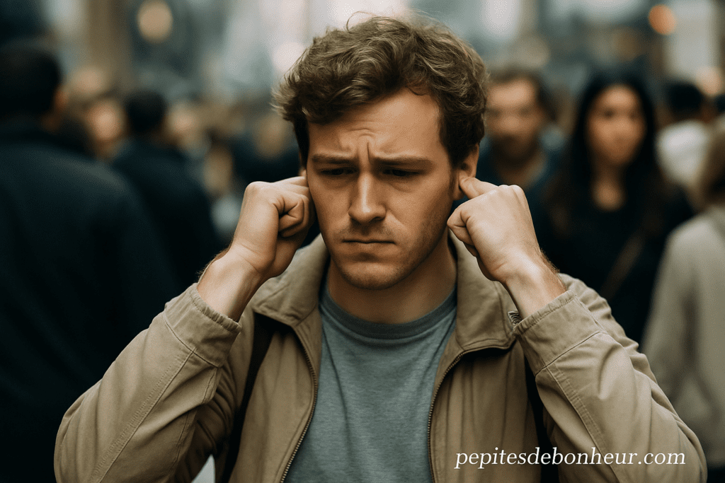 Personne hypersensible en isolement social lié à la sensibilité auditive, perturbée par la surcharge sensorielle du quotidien.
