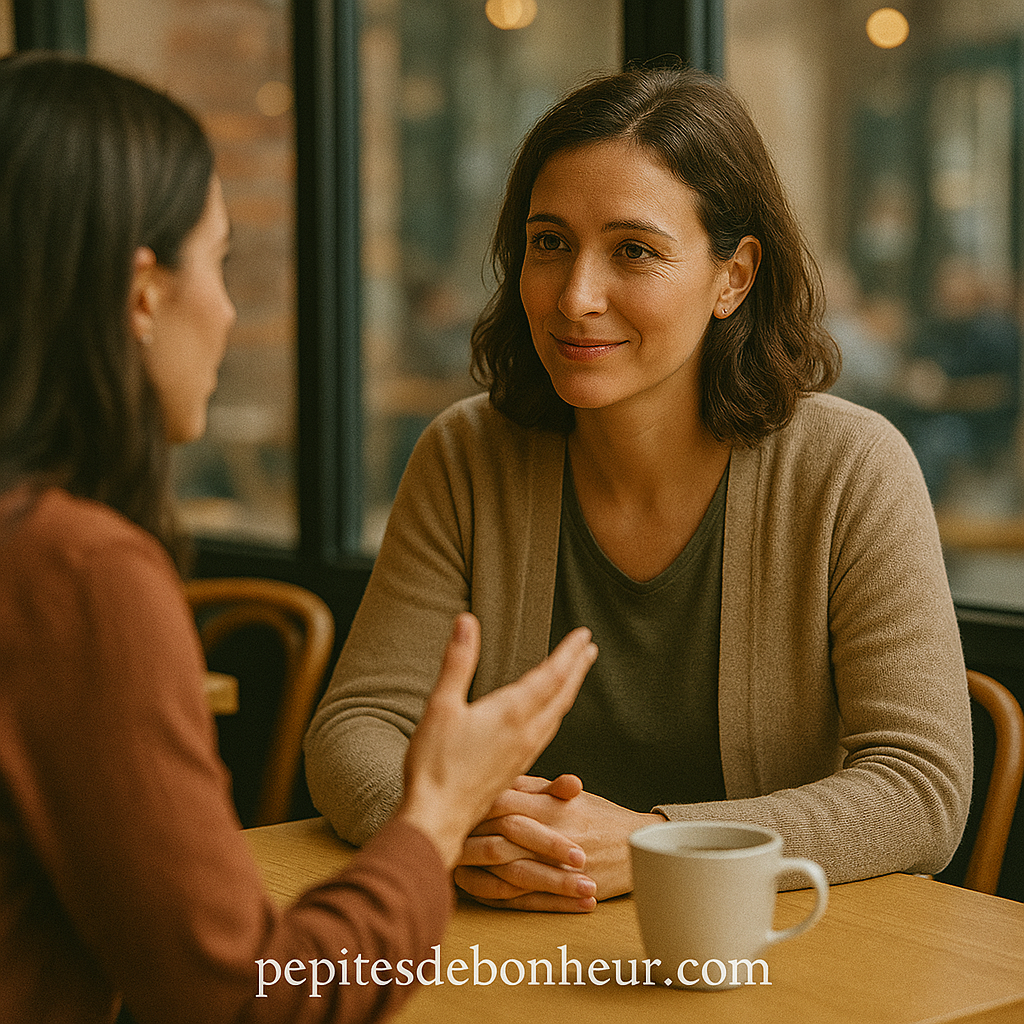 Scène d’écoute active avec empathie, une personne attentive à l’autre dans une conversation apaisée.