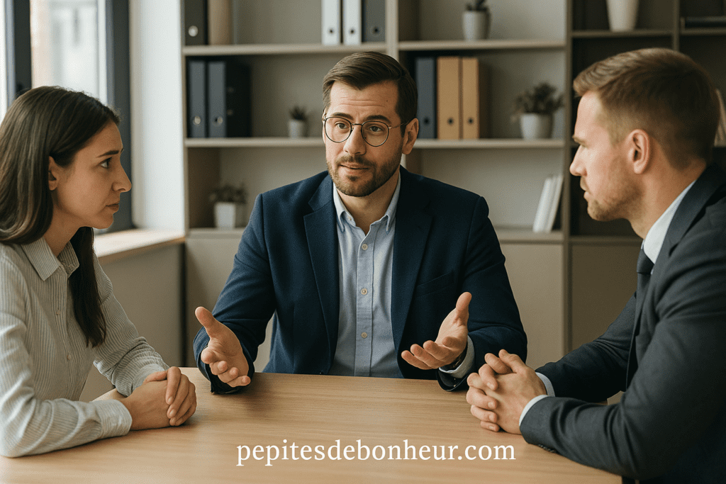 Médiation en entreprise avec un tiers facilitant la résolution de conflits grâce à la méthode DESC et la négociation.