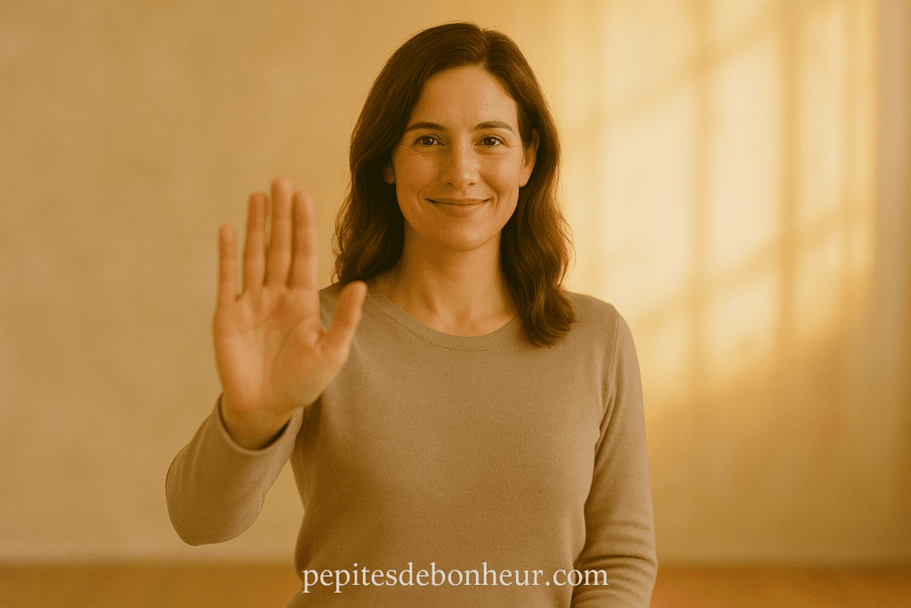 Personne posant des limites avec assurance, affirmation de soi et confiance en soi visibles dans son attitude.