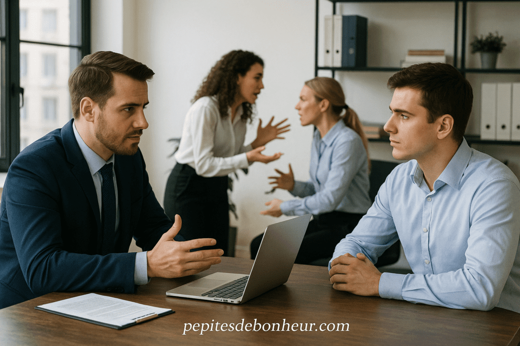 Supérieur hiérarchique et collègues en désaccord montrant les différents types de conflits au travail.