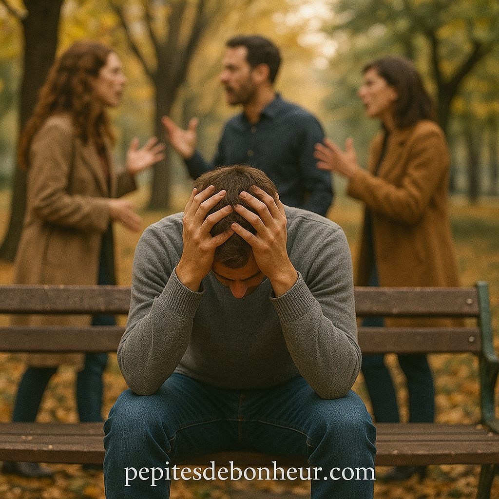 Personne hypersensible submergée par les tensions et émotions intenses d’un conflit autour d’elle.