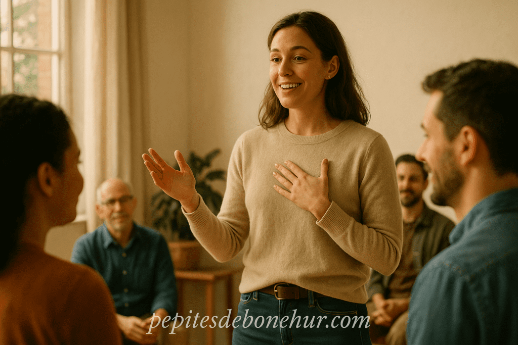 Oratrice inspirée montrant qu’avoir de la répartie aide à exprimer sa crédibilité et sa présence avec sérénité.