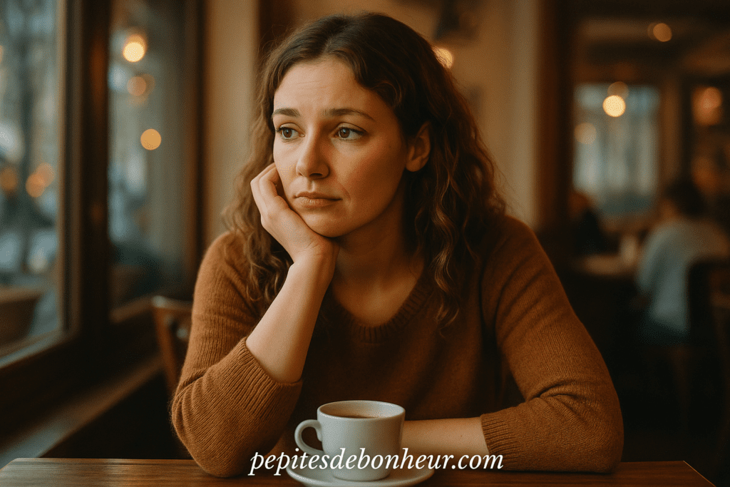 Femme pensive dans un café réfléchissant à comment avoir de la répartie avec confiance en soi et estime personnelle.