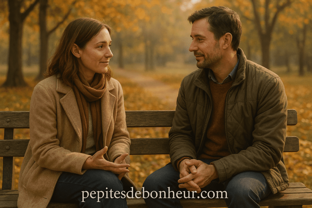 Couple dans un parc apprenant à avoir de la répartie avec assertivité, présence et bienveillance.
