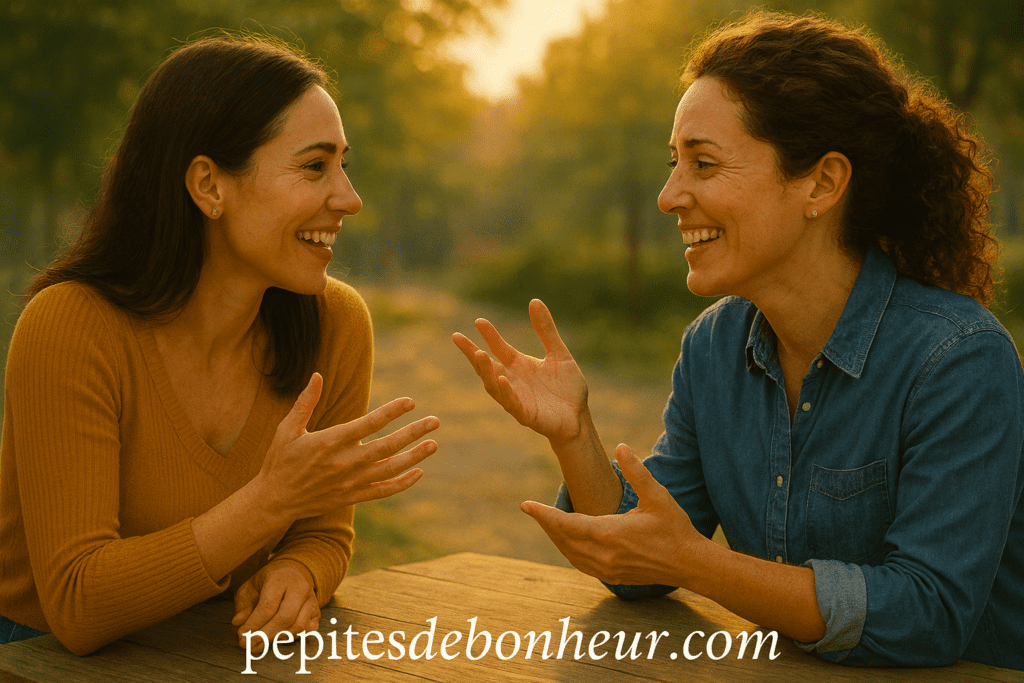 Deux amies échangent avec esprit vif, humour et écoute active, développant leur réactivité verbale.