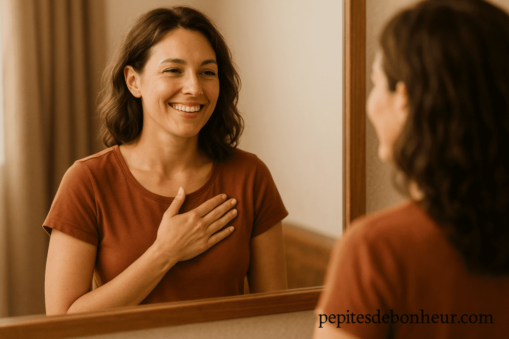 Femme devant un miroir pratiquant l’improvisation verbale et renforçant sa confiance intérieure.